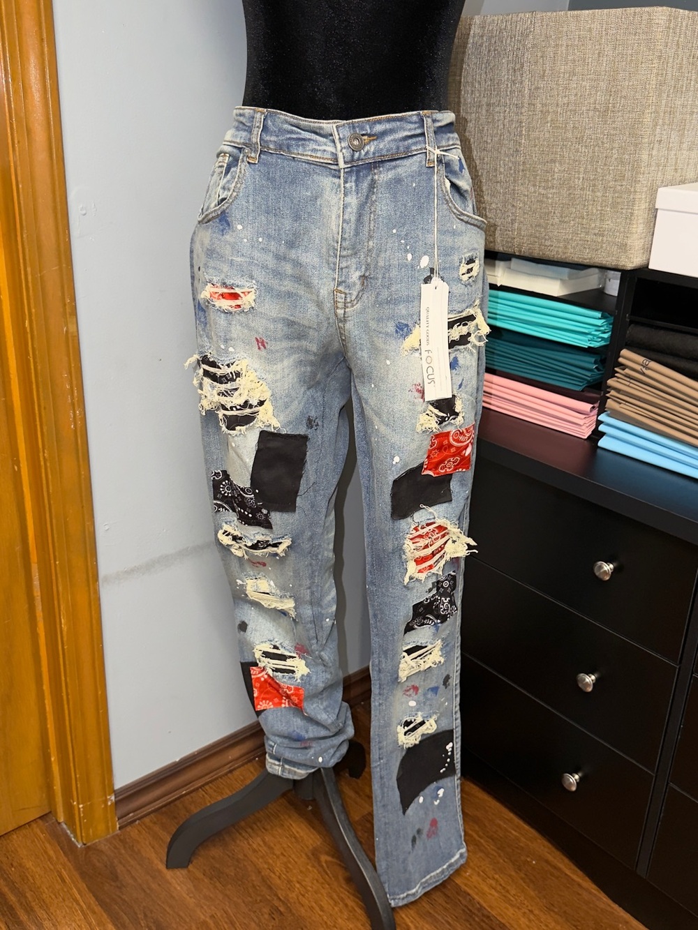 Distressed Light Blue Boyfriend Jeans with Bandana Patchwork